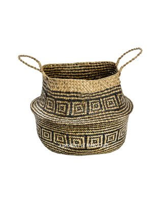 Palm leaf foldable basket with black pattern