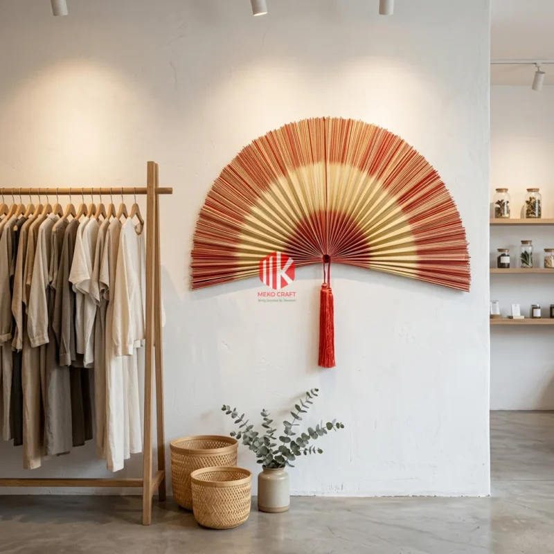 A large radial bamboo fan with red accents mounted on a minimalist boutique wall alongside sustainable fashion items.