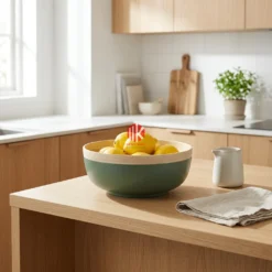 A two-tone sage green spun bamboo bowl filled with fresh lemons on a white marble kitchen countertop.
