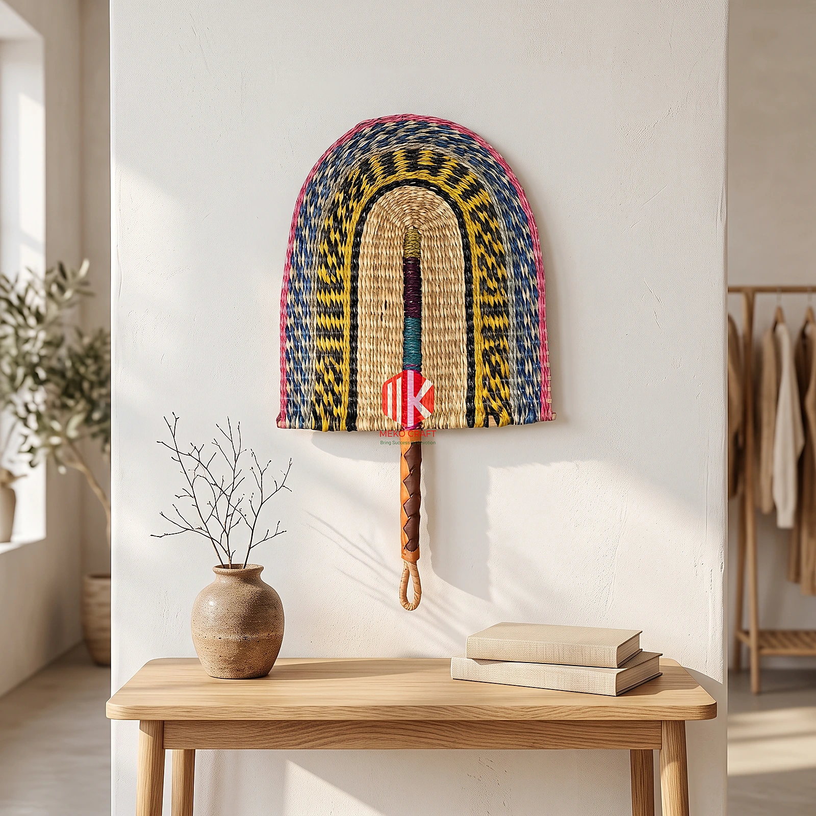Multicolor Twill Woven Palm Leaf Hand Fan 2 A colorful woven palm leaf fan hung as wall decor above a light wood console table in a bright boutique.