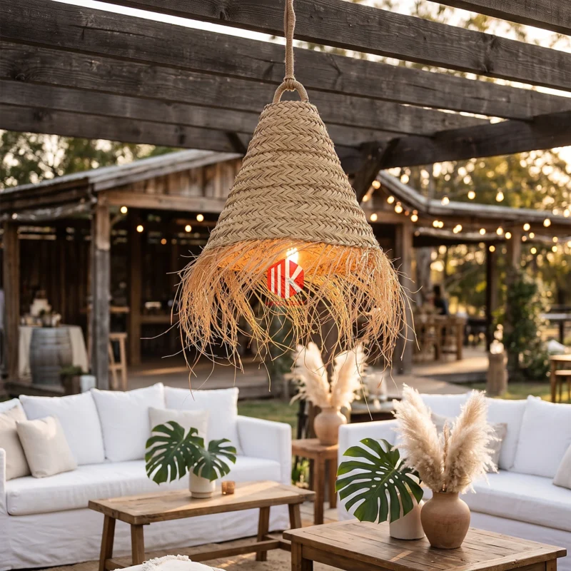 Chevron Woven Palm Leaf Conical Lampshade with Raw Fringe 7 A conical palm leaf lampshade with a shaggy fringe hanging from a wooden beam in a sunlit outdoor wedding lounge.