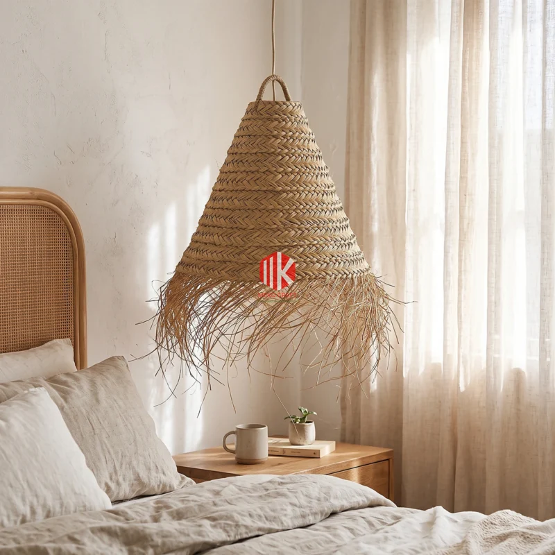 Chevron Woven Palm Leaf Conical Lampshade with Raw Fringe 8 Conical braided palm leaf lampshade with fringe in a boho-style hotel suite above a bedside table