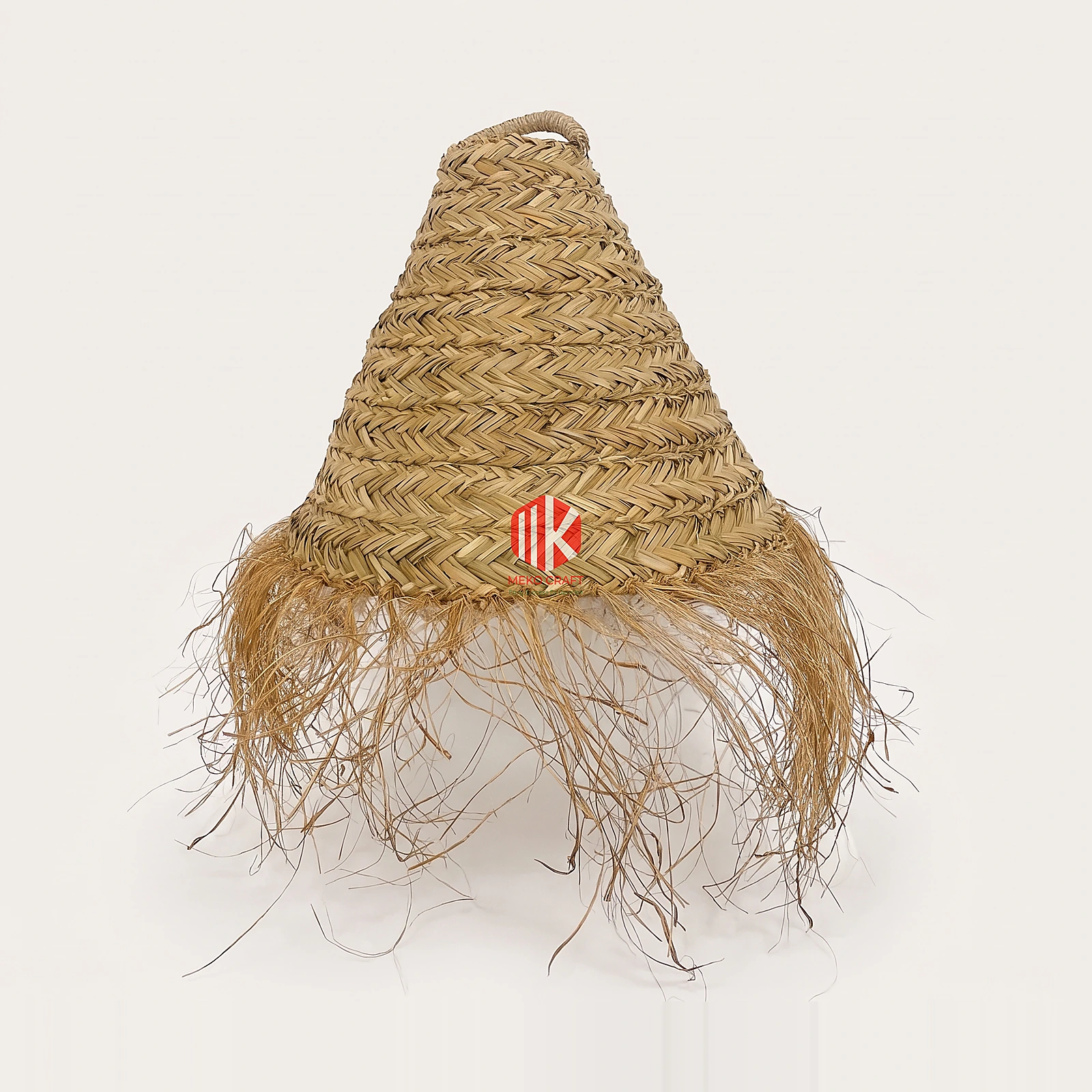 Chevron Woven Palm Leaf Conical Lampshade with Raw Fringe 3 Studio shot of a chevron woven palm leaf conical lampshade with a long fringe against a white background.