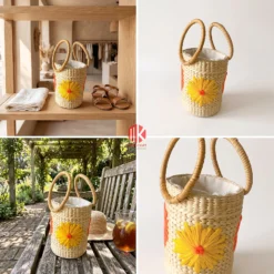 Floral Embroidered Seagrass Round Handbag with Circular Handles 8 Embroidered seagrass handbag in two room settings, on white and in detail