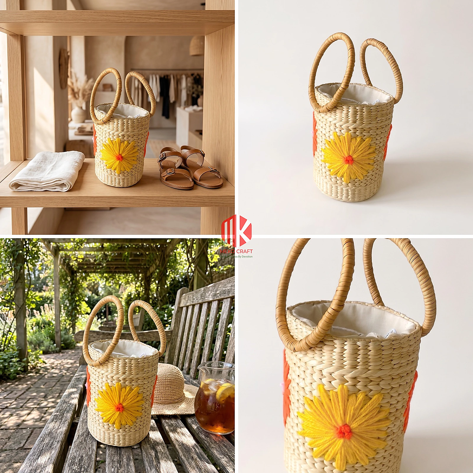 Floral Embroidered Seagrass Round Handbag with Circular Handles 5 Embroidered seagrass handbag in two room settings, on white and in detail
