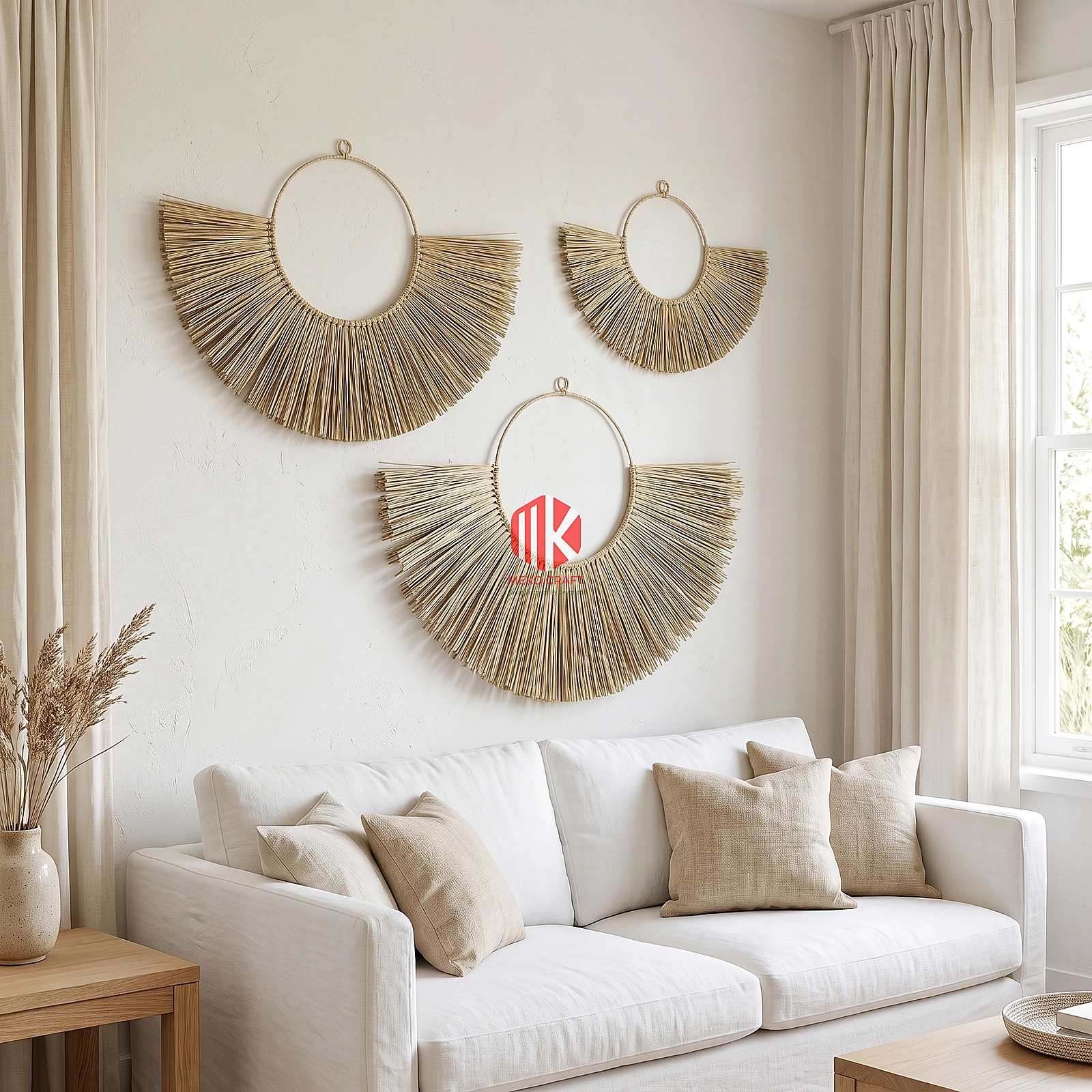 Handwoven Palm Leaf Fan Wall Decor Set of 3 5 Set of 3 fan-shaped woven palm leaf wall hangings in a minimalist coastal living room mounted above a white linen sofa