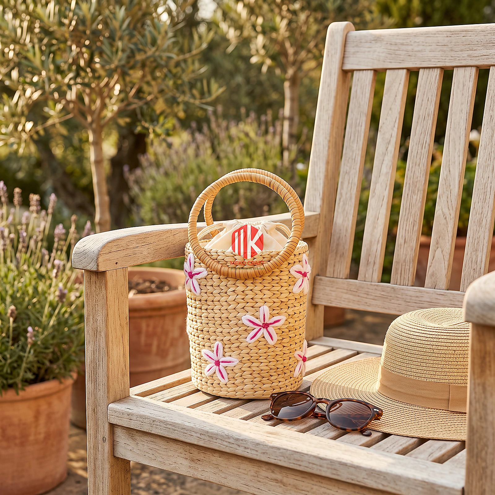 Handwoven Water Hyacinth Handbag with Floral Embroidery 3 A floral water hyacinth handbag resting on a sun-drenched wooden table at a coastal resort, next to a pair of sunglasses.