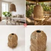 Fringed palm leaf lampshade in two room settings, on white and in detail