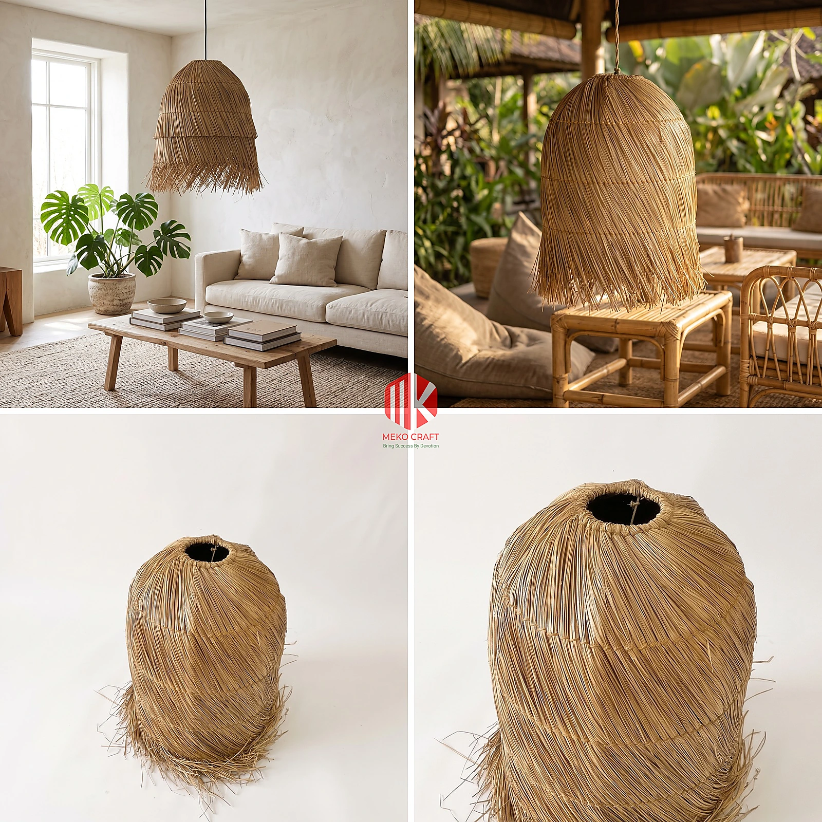 Spiral Woven Palm Leaf Lampshade with Shaggy Fringe 2 Fringed palm leaf lampshade in two room settings, on white and in detail