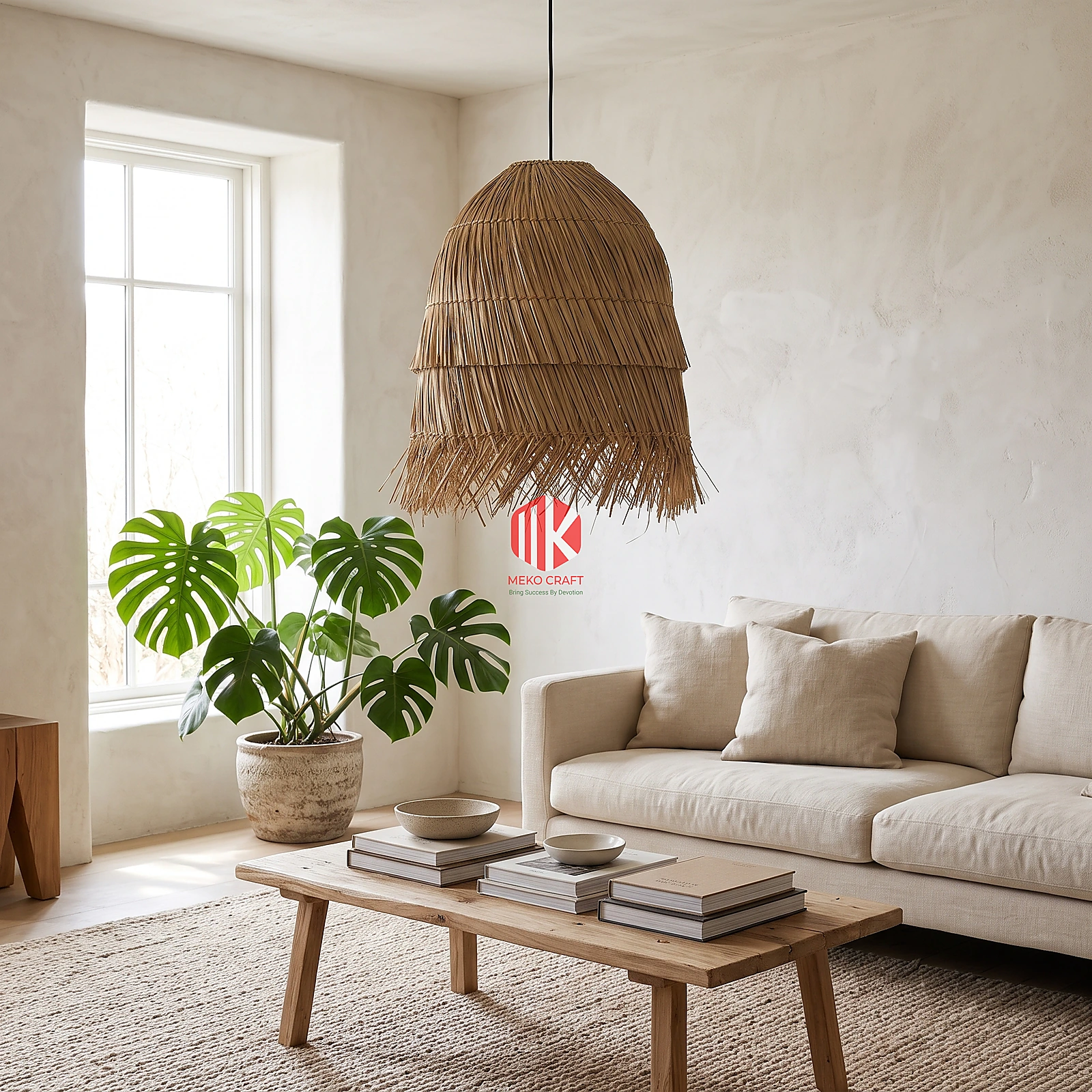 Spiral Woven Palm Leaf Lampshade with Shaggy Fringe 3 A handwoven palm leaf lampshade with shaggy fringe hanging as a pendant light in a sunlit Japandi living room.