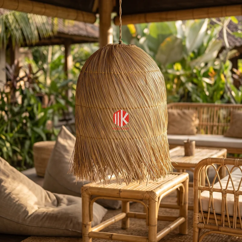 Spiral Woven Palm Leaf Lampshade with Shaggy Fringe 10 Bell shaped layered palm leaf pendant lampshade in a tropical eco-resort lounge hanging above a bamboo side table