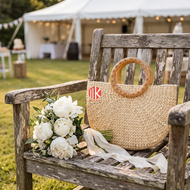 Sunburst Woven Seagrass Half Moon Handbag with Rattan Handles 6 A woven half-moon seagrass handbag rests on a light wood garden chair at an outdoor wedding reception.
