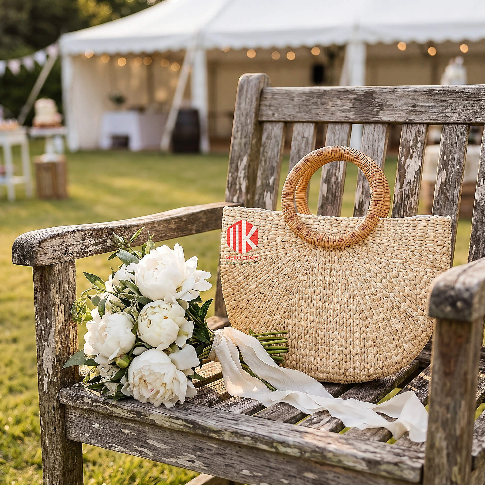 Sunburst Woven Seagrass Half Moon Handbag with Rattan Handles 4 A woven half-moon seagrass handbag rests on a light wood garden chair at an outdoor wedding reception.