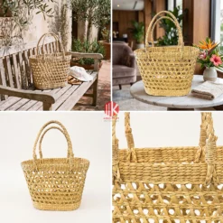 Lattice Woven Water Hyacinth Handbag with Braided Handles 9 Open weave water hyacinth handbag in two room settings, on white and in detail
