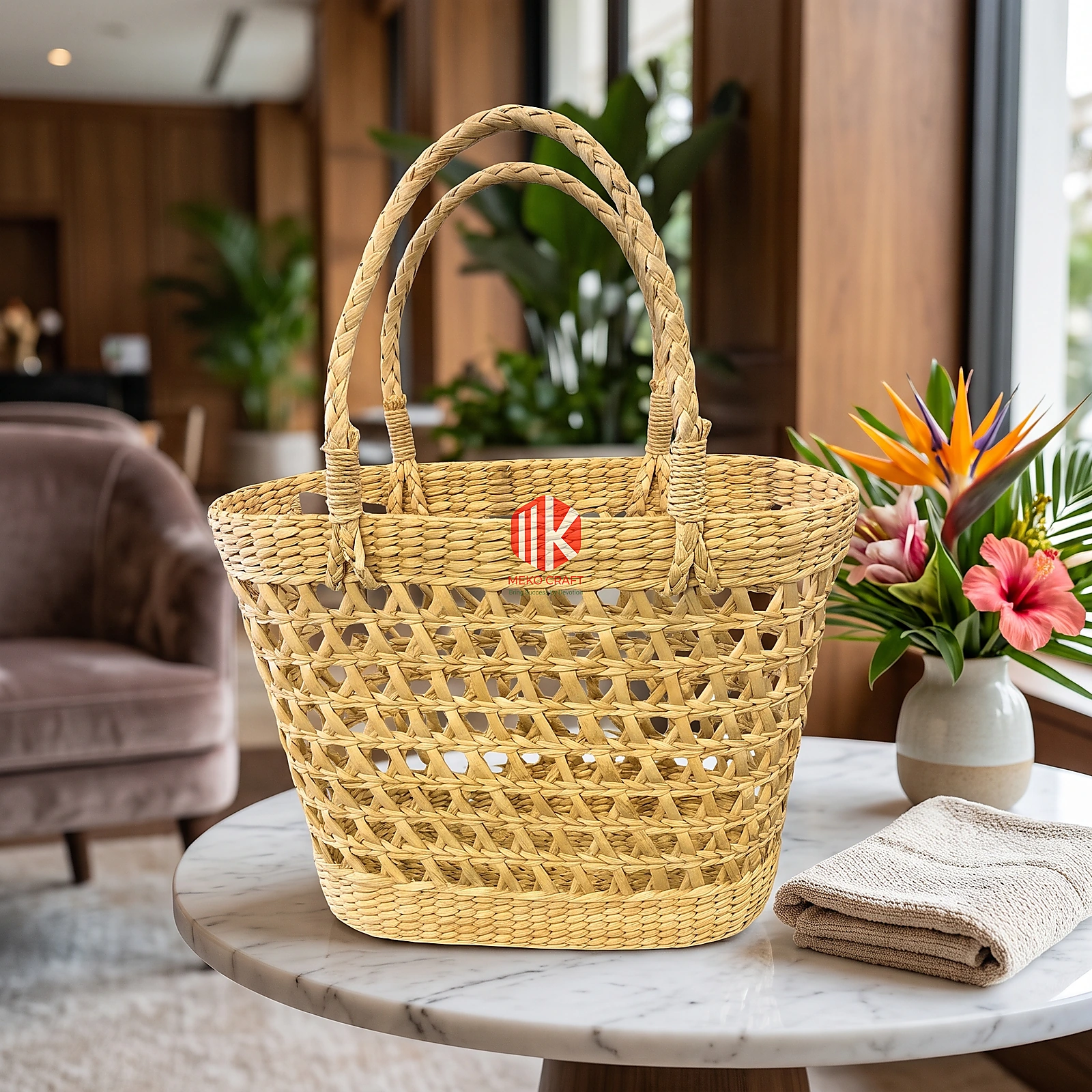 Lattice Woven Water Hyacinth Handbag with Braided Handles 5 Oval open-weave water hyacinth tote bag with braided handles in a high-end boutique hotel lobby on a marble side table