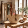 Handwoven Twill Palm Leaf Handbag with Tassel 1 A palm leaf shoulder handbag rests on a light oak shelving unit in a bright boutique, surrounded by folded linen garments.