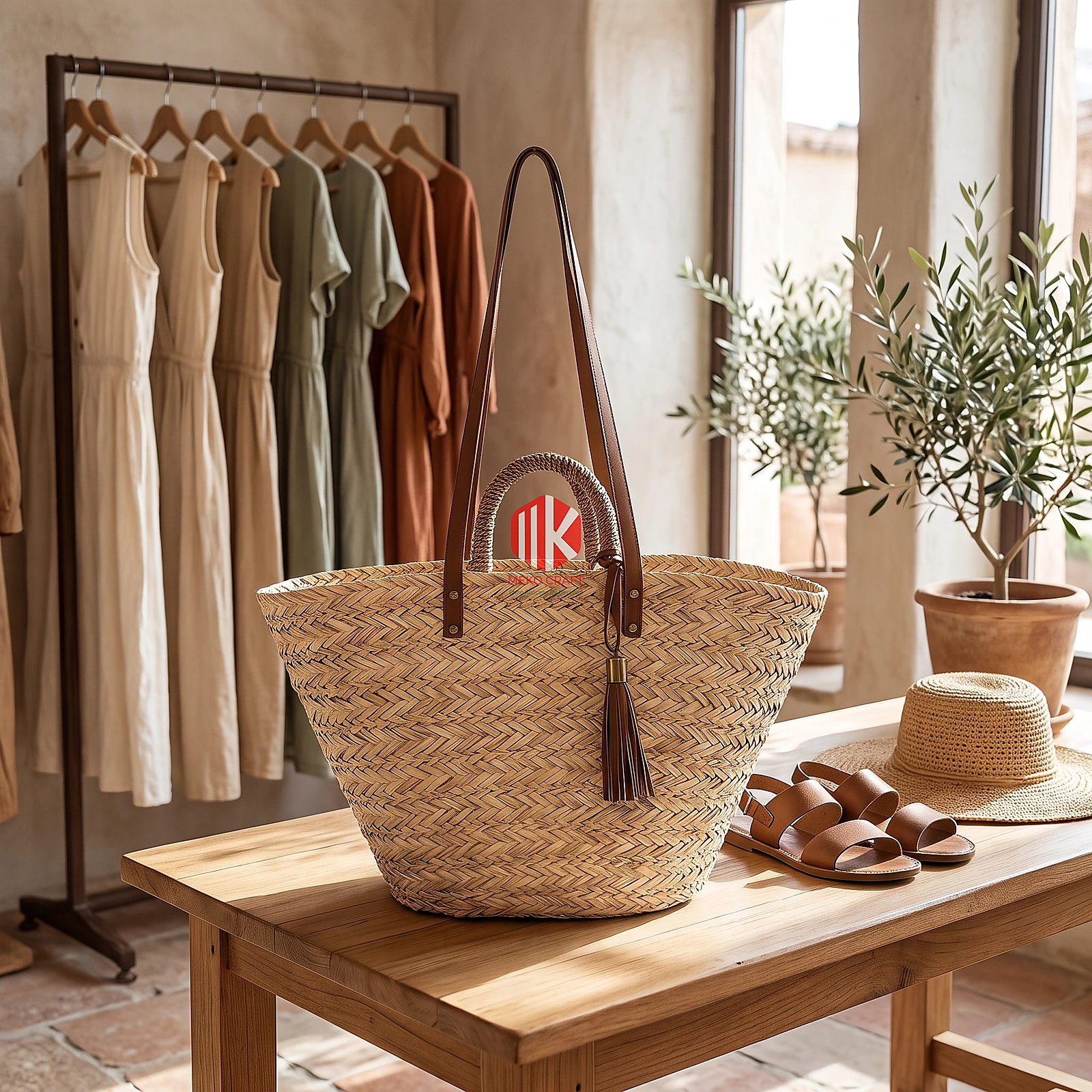 Handwoven Twill Palm Leaf Handbag with Tassel 3 A palm leaf shoulder handbag rests on a light oak shelving unit in a bright boutique, surrounded by folded linen garments.