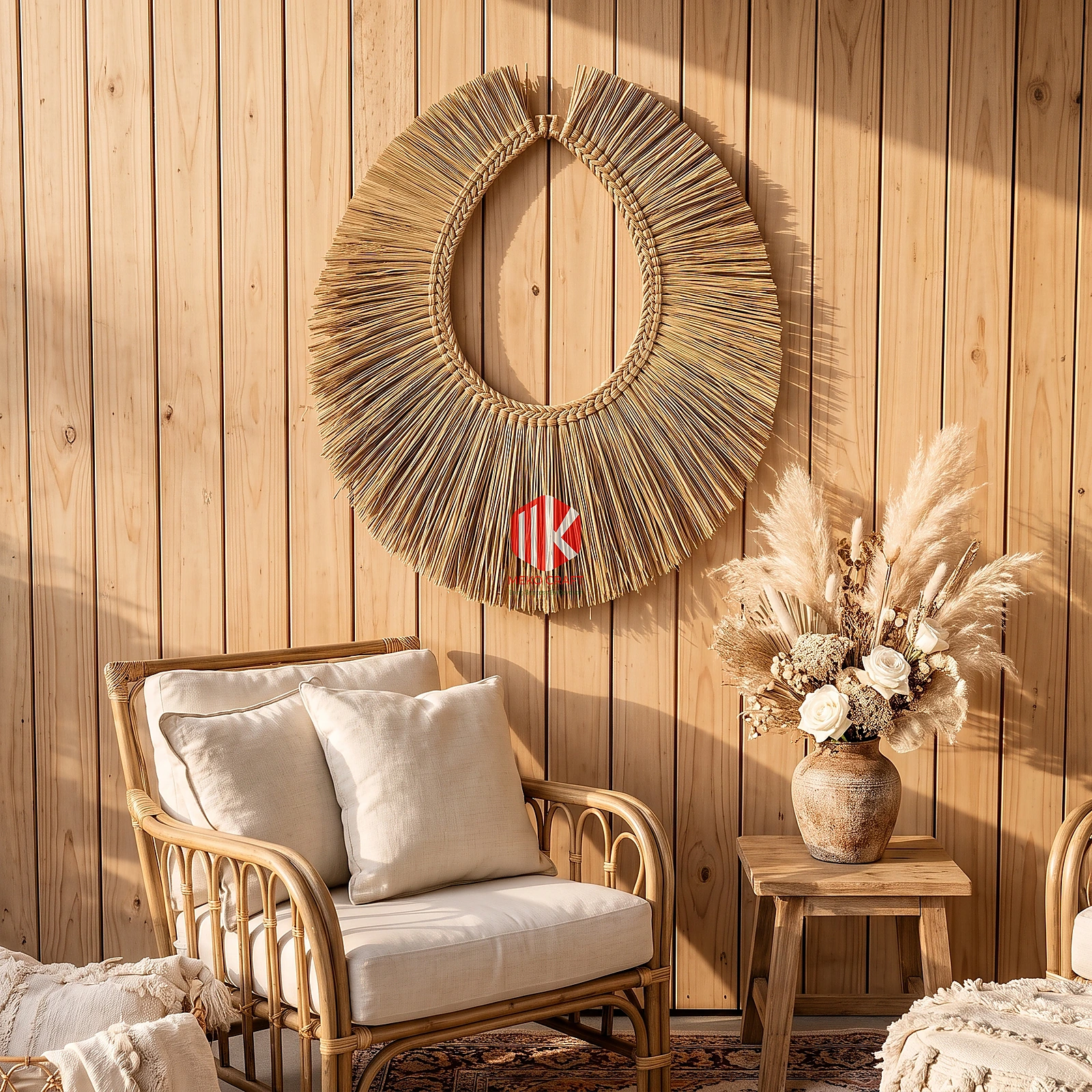 Fringed Palm Leaf Oval Wall Mirror Frame 4 A handwoven palm leaf oval mirror frame with a long shaggy fringe hanging on a white wall in a boho-style event lounge.
