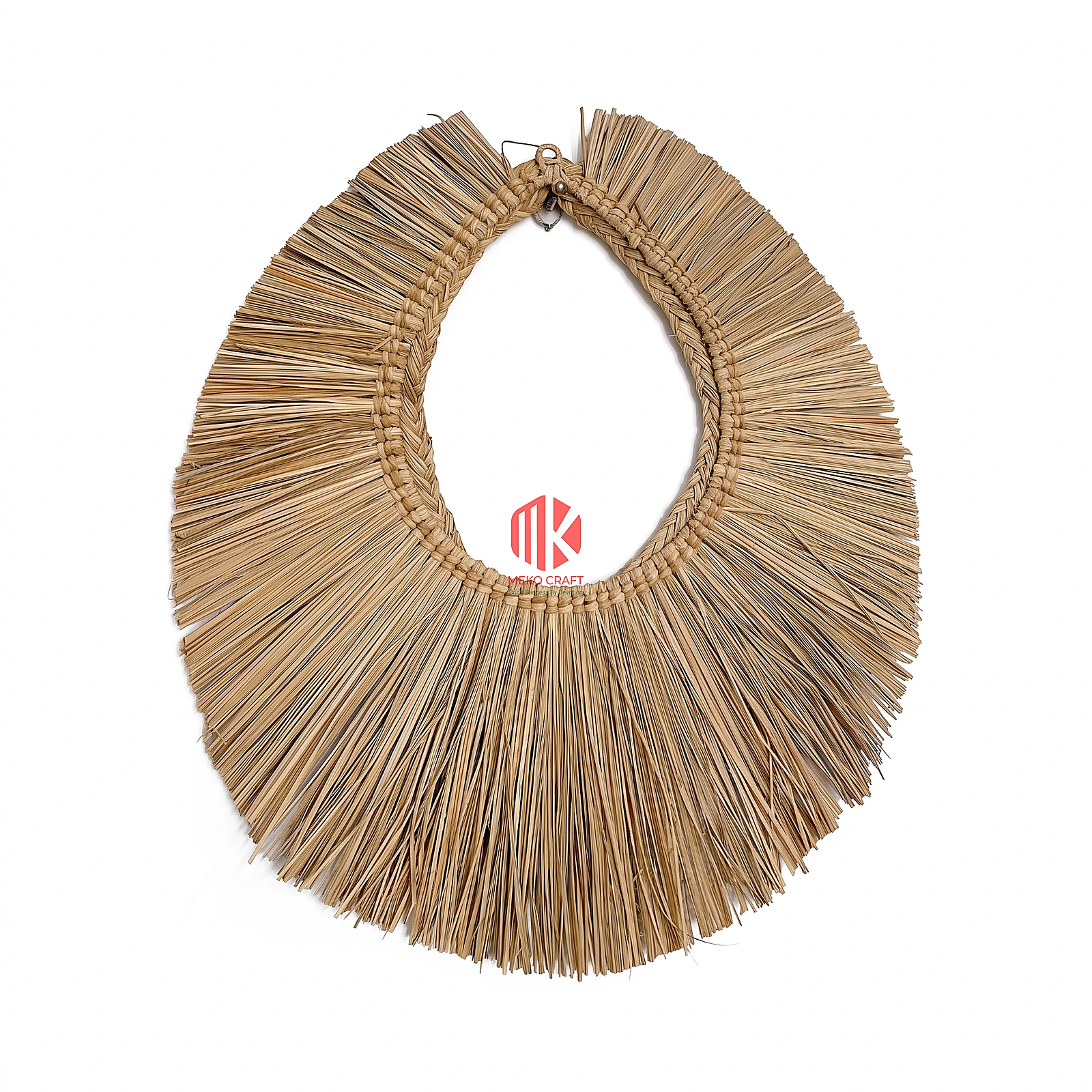 Fringed Palm Leaf Oval Wall Mirror Frame 3 Studio shot of a palm leaf oval mirror frame with a shaggy fringe on a pure white background.
