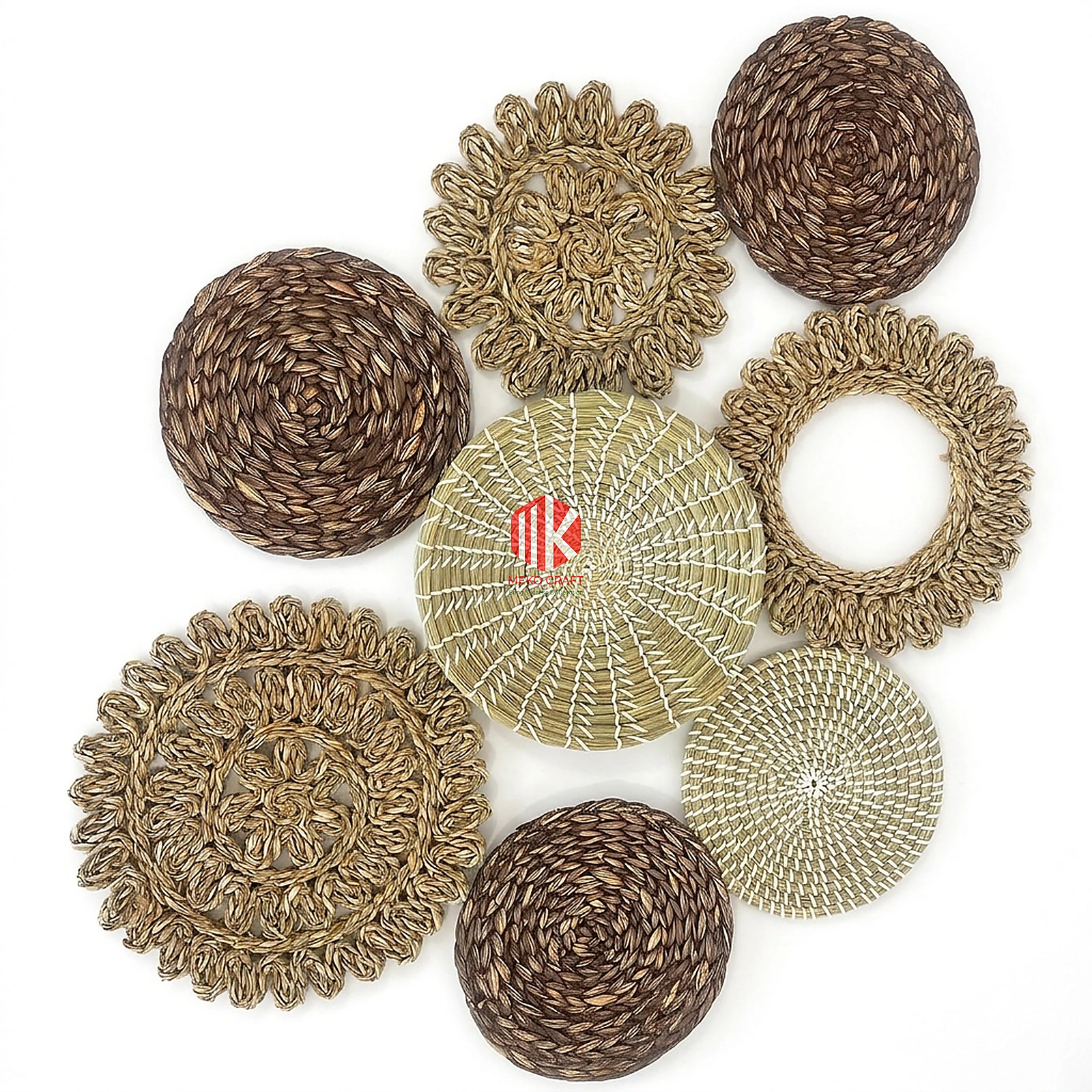 Patterned Mixed Material Round Wall Decor Set of 8 4 Eight round patterned wall decor plates crafted from coiled and woven mixed natural fibers, showcasing varied textures and natural tones on a white background.
