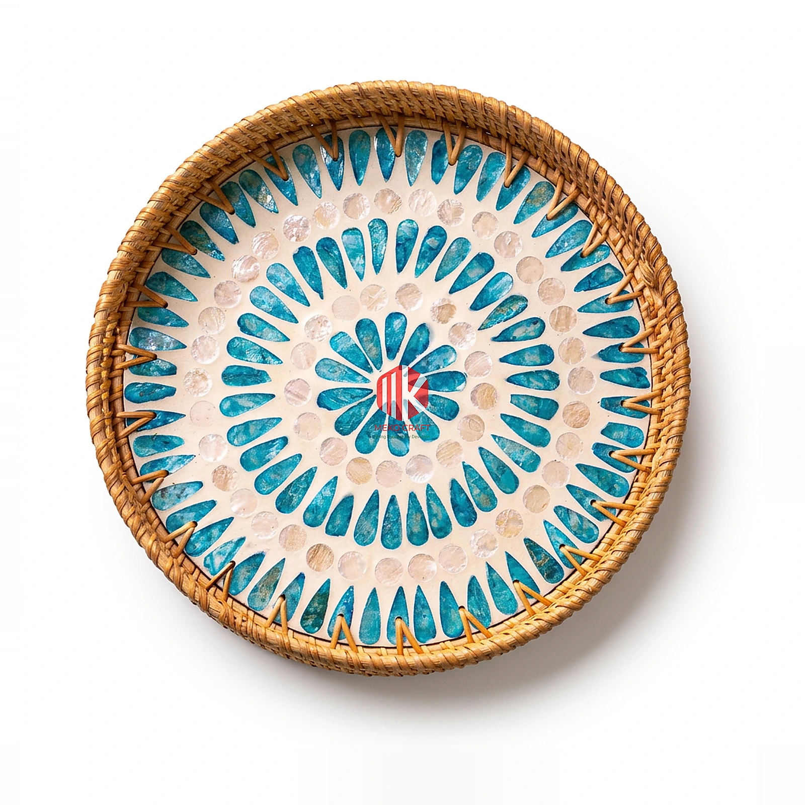 Patterned Rattan and Mother of Pearl Round Serving Tray 4 A round tray features a handwoven rattan rim and an intricate inlaid pattern of iridescent mother of pearl and blue shell pieces.