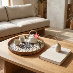 Round mother of pearl serving tray with black pinwheel mosaic and rattan rim resting on a wooden coffee table beside ceramic tea cups