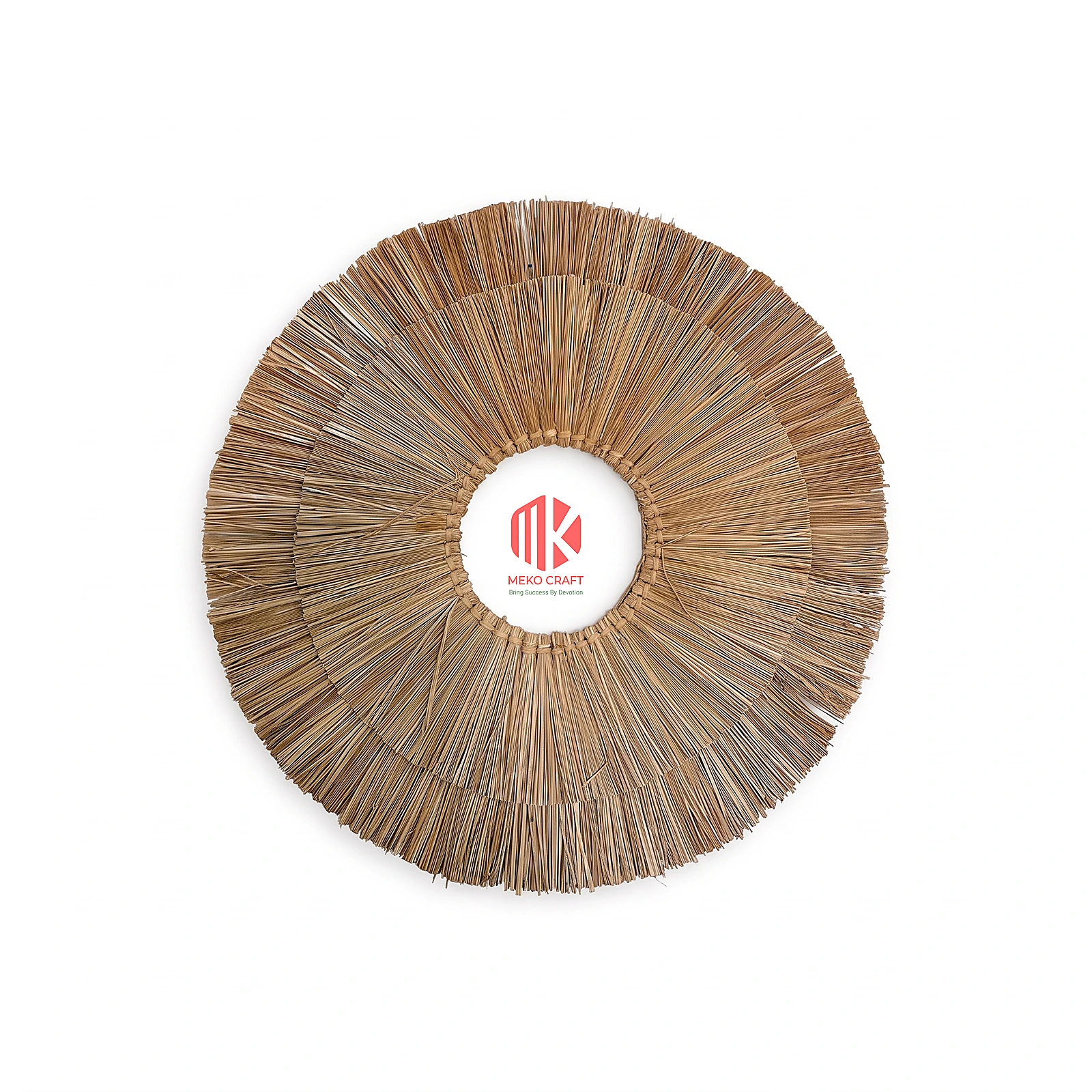 Triple Layer Palm Leaf Sunburst Wall Mirror Frame 3 Studio shot of a triple-layered palm leaf mirror frame showing the radial fringe and central circular cutout on a white background.