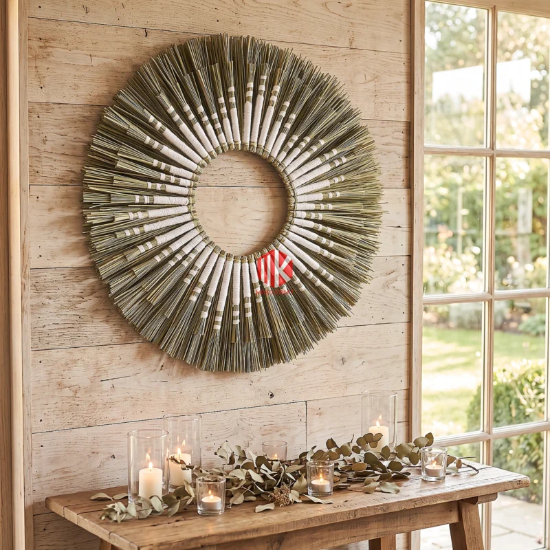 A round seagrass sunburst mirror hung on a white plaster wall above a wooden console table at a boho-themed wedding reception.