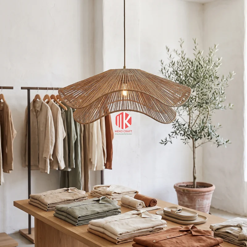 Wavy Rim Seagrass Pendant Lampshade 5 A wavy seagrass lampshade hanging over a minimalist wooden display table in a brightly lit boutique store.