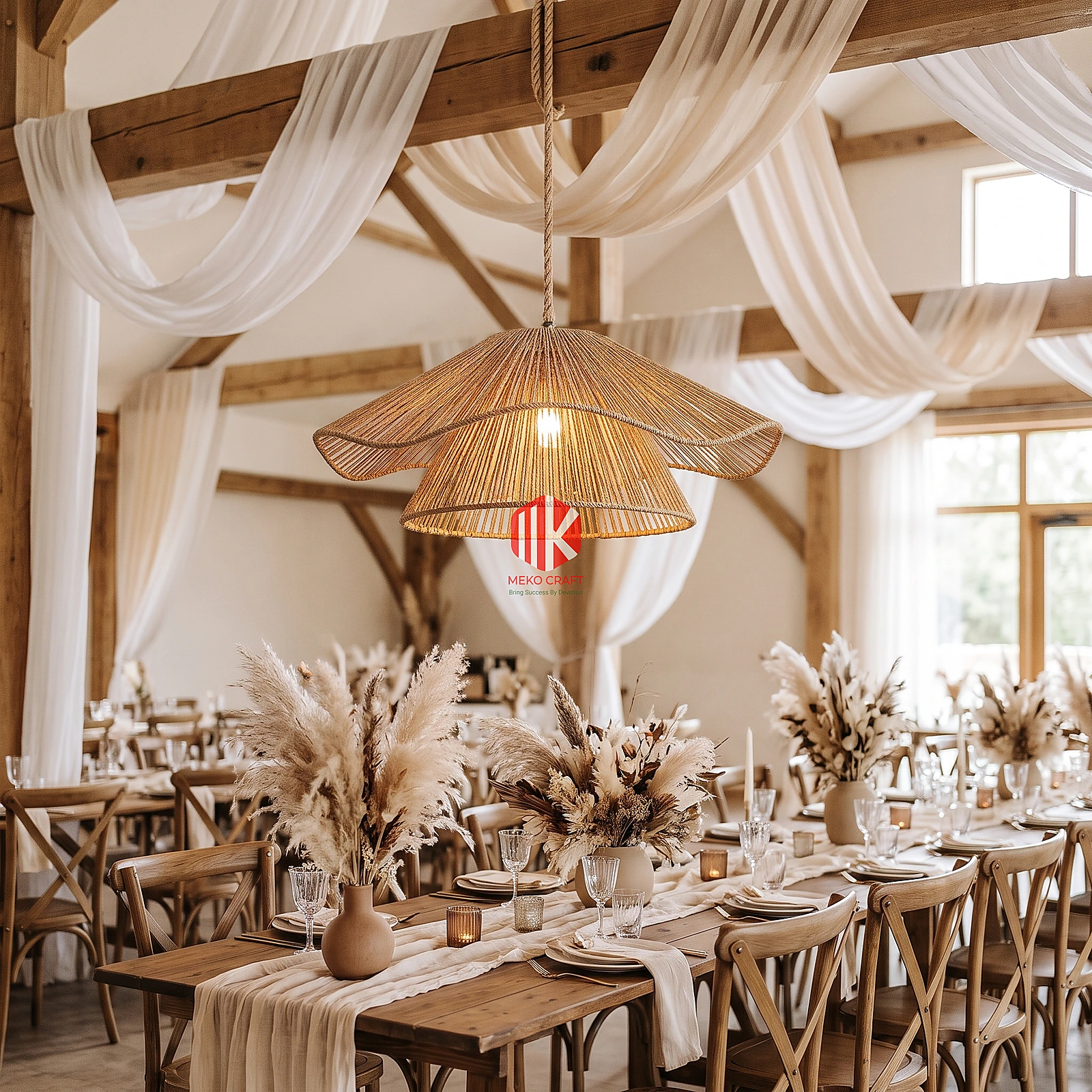 Handwoven Wavy Seagrass Double Layer Lampshade 5 A handwoven wavy seagrass lampshade hanging over a rustic wooden dining table in a boho wedding reception.