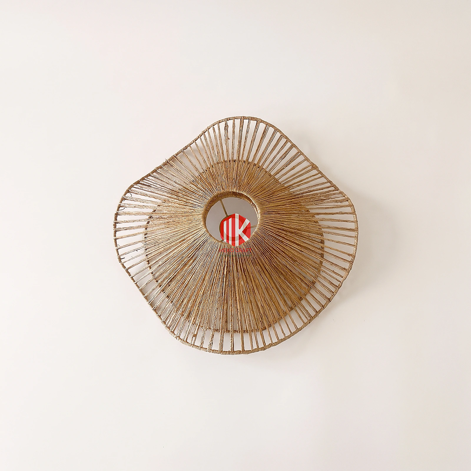 Handwoven Wavy Seagrass Double Layer Lampshade 4 Top-down view of a wavy seagrass lampshade showing the concentric metal frame and twisted rope weaving.